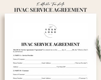 Szablon umowy serwisowej HVAC Word i PDF - Szablon umowy serwisowej HVAC do wydruku - Edytowalny i dostosowywalny - Natychmiastowe pobranie
