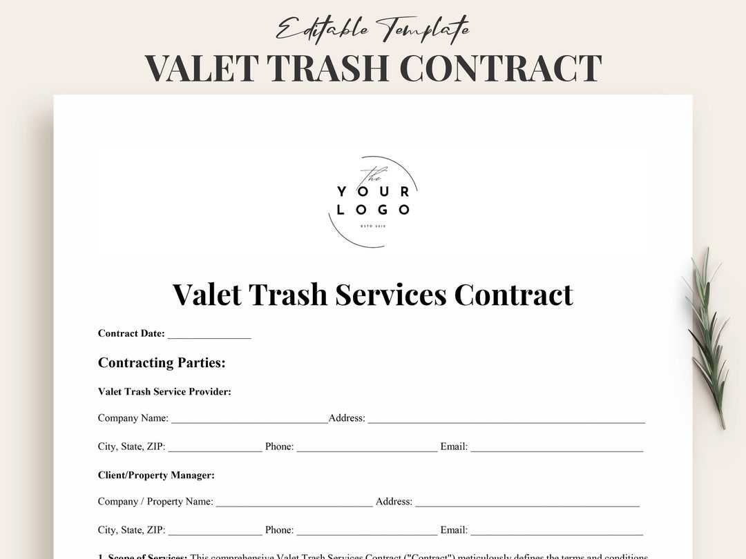 Valet Trash Services Contract Template Editable Printable Waste Valet Trash Services Contract Template Editable Printable Waste