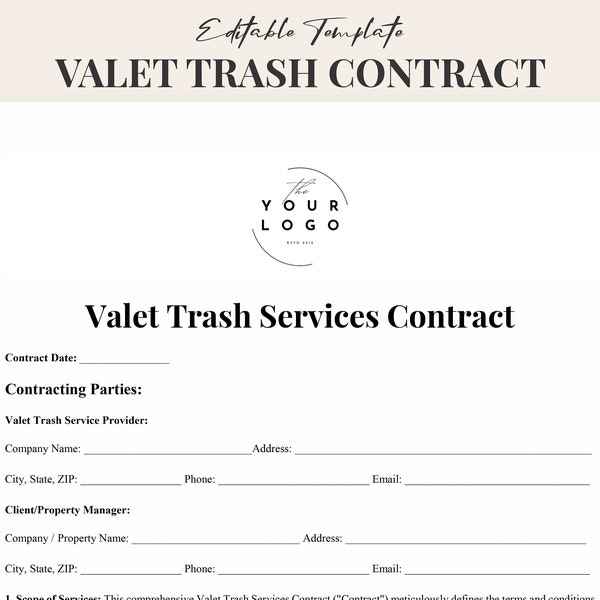 Valet Trash Services Contract Template | Editable & Printable Waste Removal Agreement Form PDF - Instant Download