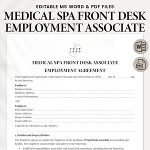 Könnte beinhalten: Eine schwarz-weiße druckbare Vorlage für einen Arbeitsvertrag für einen Empfangsbereich in einem medizinischen Spa. Das Dokument enthält Abschnitte für Arbeitgeber- und Arbeitnehmerinformationen, Stellenbeschreibung und Aufgabenbereich sowie weitere Punkte.