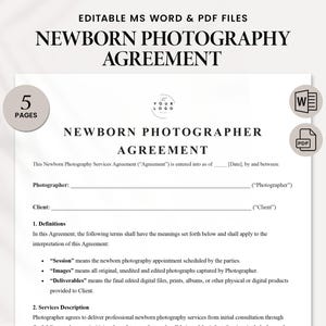 Op de afbeelding: Een zwart-wit document met de titel "Overeenkomst voor newborn fotograaf". Het document is een contract voor fotografie diensten. Het bevat secties voor de fotograaf en klant informatie, definities van termen en een beschrijving van diensten.