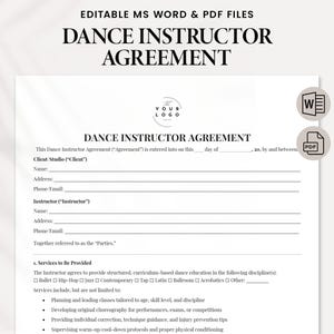 Dance Instructor Agreement PDF Template - Dance Studio or Freelance Teacher Contract - Professional and Customizable - Editable Word