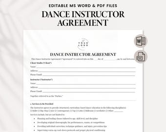 Dance Instructor Agreement PDF Template - Dance Studio or Freelance Teacher Contract - Professional and Customizable - Editable Word