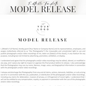 Può includere: Un modello di liberatoria con testo nero su sfondo bianco. Il documento include il testo "Modello modificabile" in alto, seguito da "MODEL RELEASE". Il documento presenta un logo e un testo che descrive la cessione dei diritti per fotografie e video.