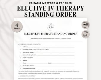 Elective IV Therapy Standing Order Template – IV Drip Protocol for Medspa & Wellness Clinics – Editable Nurse or Provider Form PDF