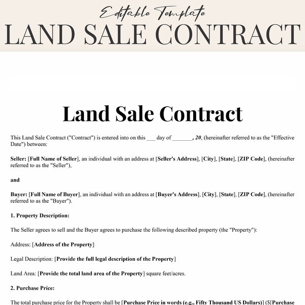 Comprehensive Land Sale Contract Template | Customizable & Detailed | Land Sale Agreement Form | Instant Download