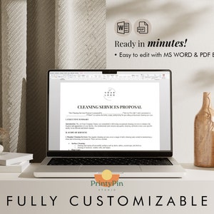 Pu&ograve; includere: Un computer portatile che mostra un modello di proposta di servizi di pulizia. Il modello &egrave; personalizzabile e pu&ograve; essere modificato in Microsoft Word o PDF. Il testo sullo schermo recita "Proposta di servizi di pulizia".