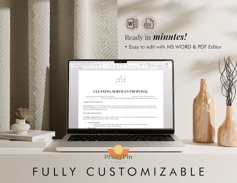 Pu&ograve; includere: Un computer portatile che mostra un modello di proposta di servizi di pulizia. Il modello &egrave; personalizzabile e pu&ograve; essere modificato in Microsoft Word o PDF. Il testo sullo schermo recita "Proposta di servizi di pulizia".