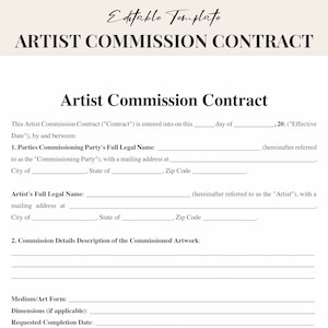 Artist Commission Contract Template Word / PDF - Fully Customizable and Printable Agreement for Art Commissions - Instant Download