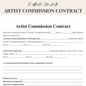 Artist Commission Contract Template Word / PDF - Fully Customizable and Printable Agreement for Art Commissions - Instant Download