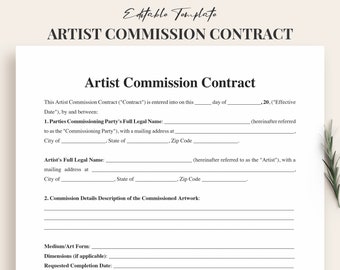 Artist Commission Contract Template Word / PDF - Fully Customizable and Printable Agreement for Art Commissions - Instant Download