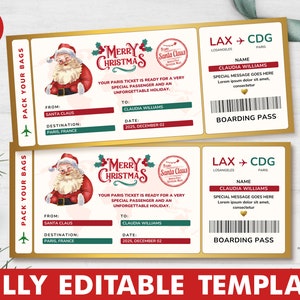 Plantilla de tarjeta de embarque navideña / Billete de avión navideño imprimible / Idea de regalo de viaje sorpresa / Billete de viaje personalizado para vacaciones