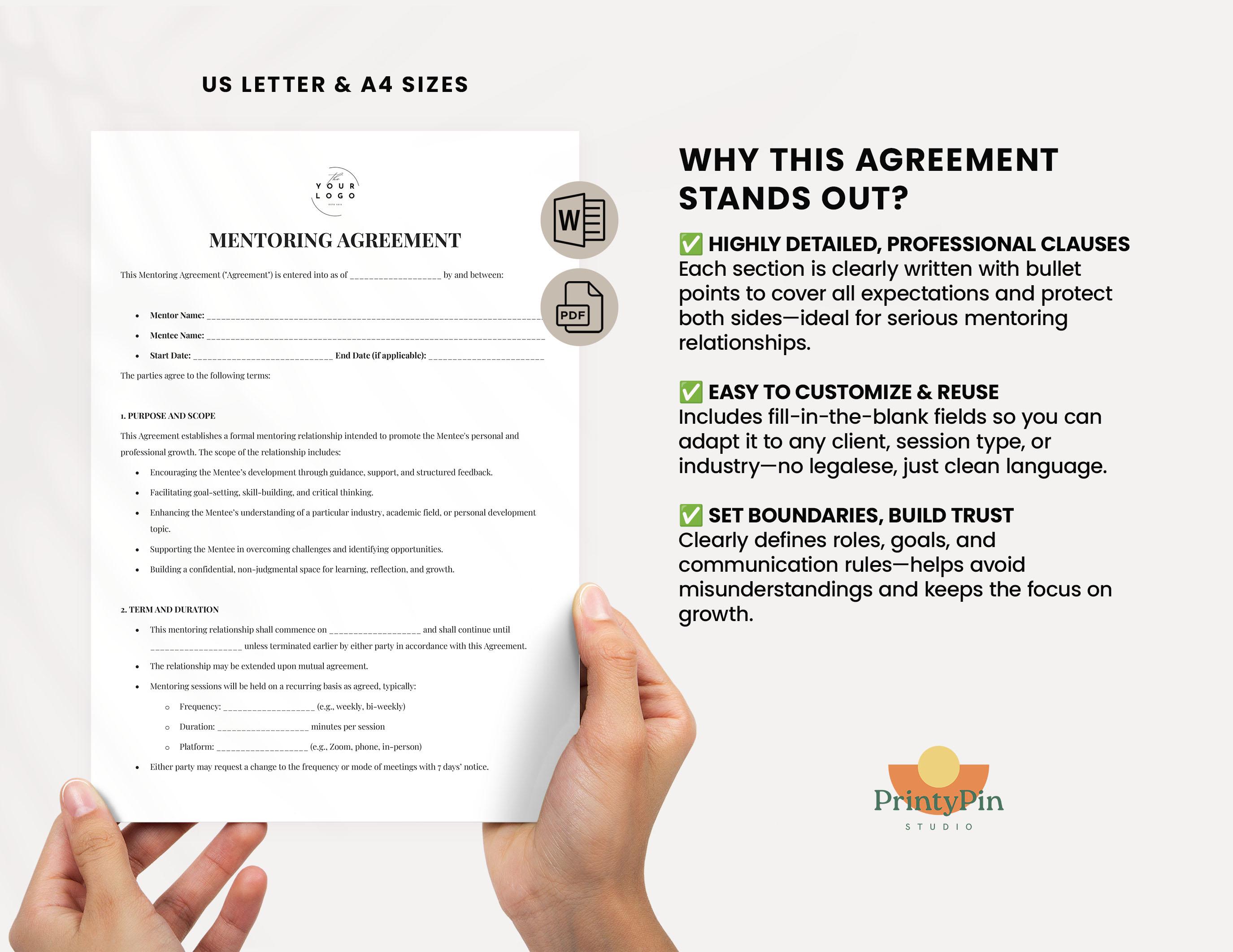 Mentoring Agreement Template Mentor Contract PDF Editable