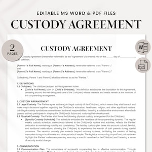 Modello di accordo di custodia dei figli in formato Word e PDF - Accordo di custodia congiunta 50/50 stampabile - Accordo modificabile