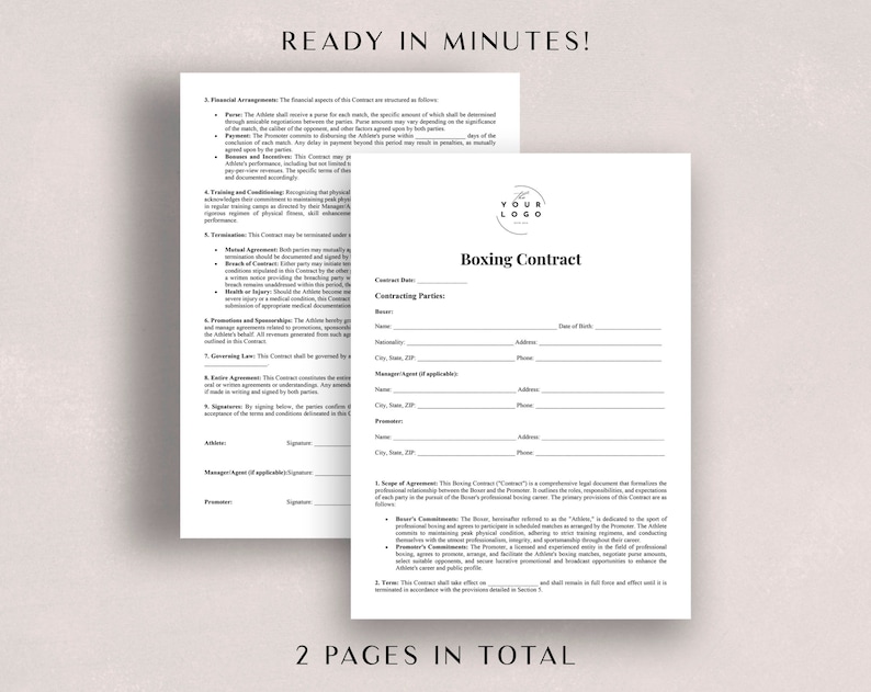 May include: A black and white boxing contract template with the title "Boxing Contract" and the text "Ready in Minutes!" and "2 Pages in Total". The contract includes sections for contracting parties, scope of agreement, and terms.
