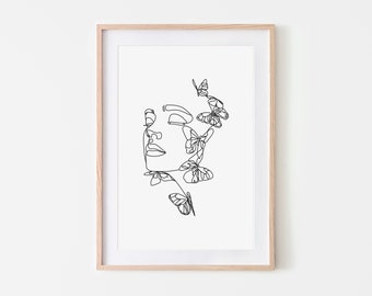 Minimalist Female Line Drawing, Modern Flowers Woman Print, Woman with Flower Line Art, Woman Line Art, Line Art Poster, Head of Flowers Art