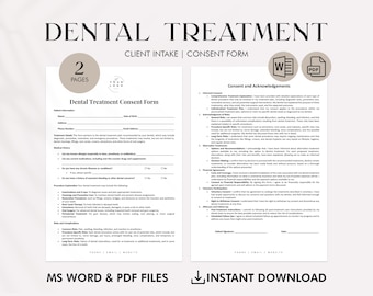 Dental Treatment Consent Form PDF - Editable and Printable Dental Procedure Agreement - Instant Download Professional Dental Office Forms