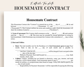 May include: A printable housemate contract template with sections for rent and utilities. The contract outlines the terms and conditions for sharing a residence, including late fees, payment methods, and utility responsibilities.