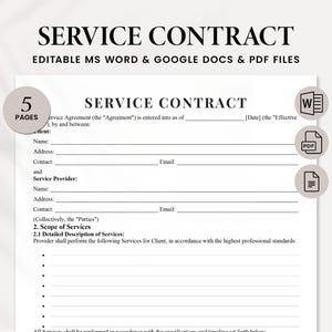 印刷可能なサービス契約書、サービス契約書テンプレート - 編集可能なPDF、Googleドキュメント、MS Word