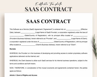 May include: A black and white legal document titled "SAAS CONTRACT" with the text "This Software as a Service (SaaS) Agreement ("Agreement") is entered into on (Effective Date), between (Legal Name of SaaS Provider), a corporation registered under the laws of (State/Country of Registration), with its principal office located at (Provider's Business Address), herein referred to as "Provider", and (Legal Name of Client), a corporation registered under the laws of (State/Country of Registration), with its principal office located at (Client's Business Address), herein referred to as "Client". Recitals WHEREAS, the Provider is in the business of developing and providing access to certain proprietary software applications delivered via the internet; and WHEREAS, the Client desires to utilize such SaaS services for its internal business operations, subject to the terms and conditions set forth herein; NOW, THEREFORE, in consideration of the mutual covenants and agreements contained herein, the parties agree as follows: Article I: Grant of Rights and Access"