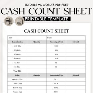 Cash Count Sheet Template | Daily Cash Tracking Log | Printable Cash Denomination Form | Editable Cash Reconciliation Sheet | Register Audit