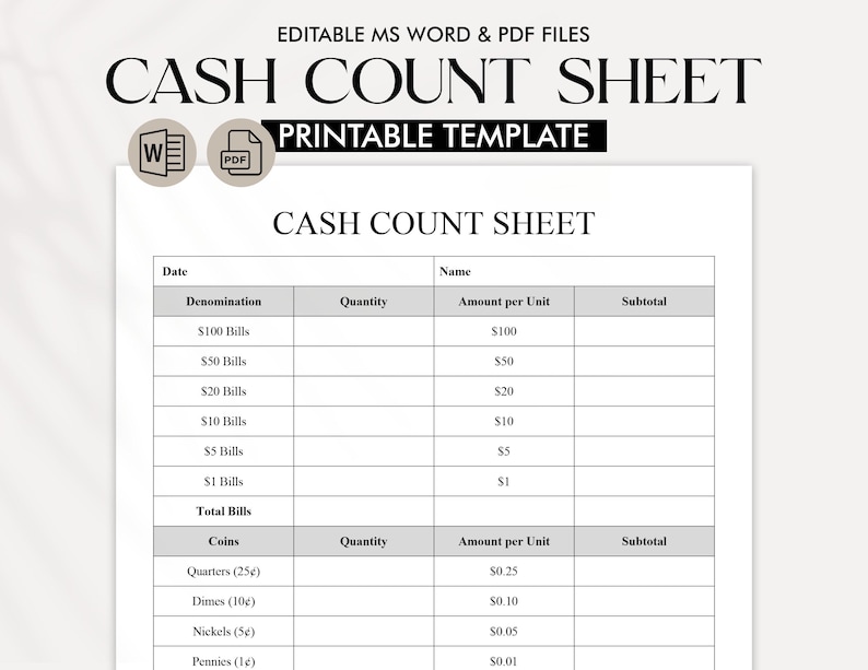 Cash Count Sheet Template | Daily Cash Tracking Log | Printable Cash ...