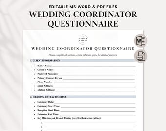 Wedding Coordinator Questionnaire Form - Wedding Organizer Questionnaire - Editable Wedding Planner Word & PDF