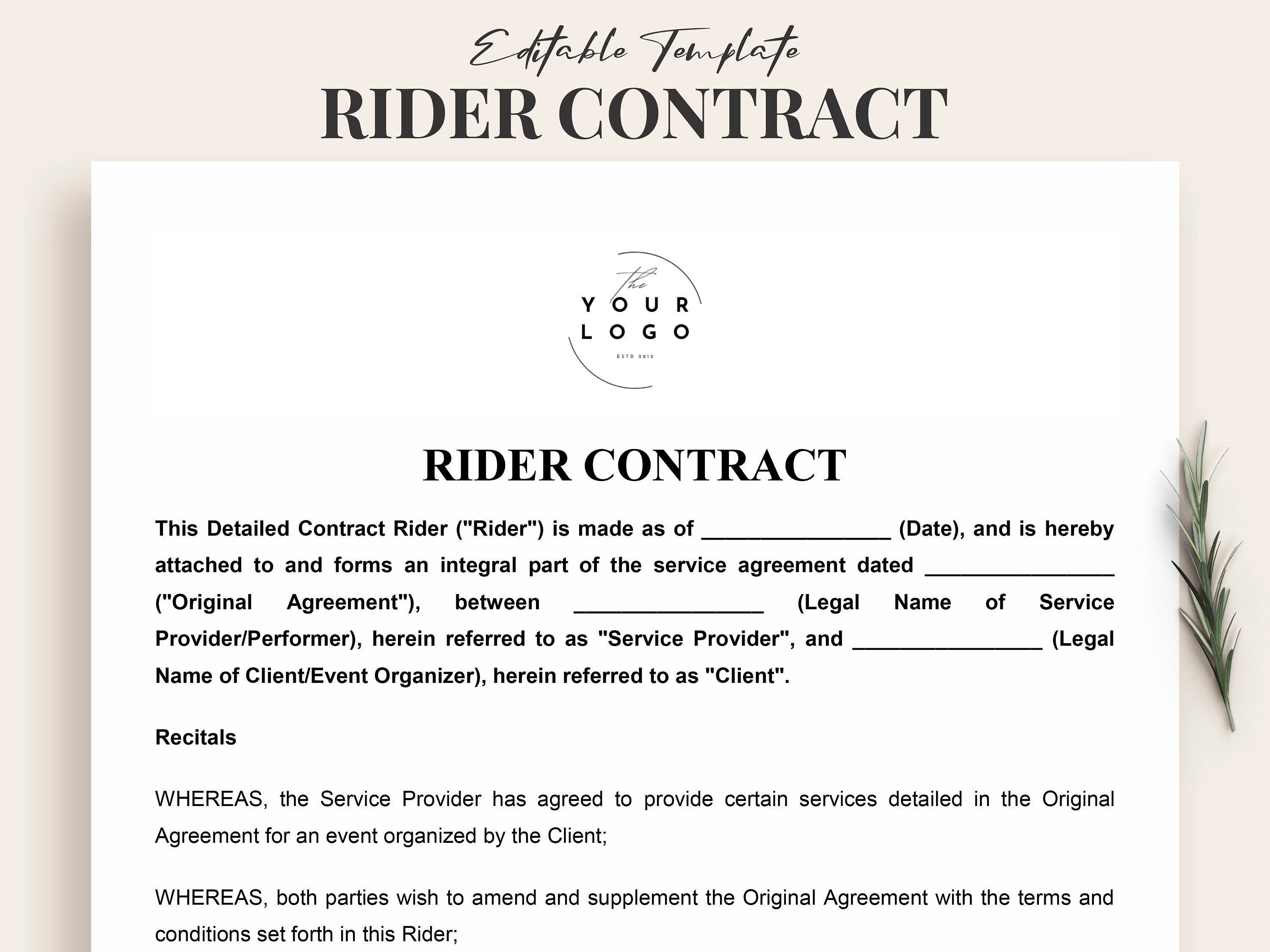 Customizable Event Service Contract Rider Template - Editable ...