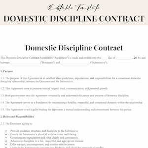 Könnte beinhalten: Ein schwarz-weißes druckbares Dokument mit dem Titel "Domestic Discipline Contract". Das Dokument beschreibt den Zweck, die Rollen und Verantwortlichkeiten einer einvernehmlichen Beziehung der häuslichen Disziplin.