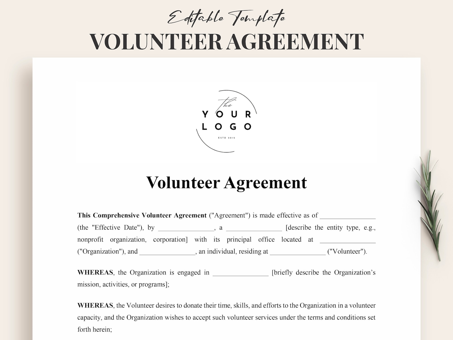 Customizable Volunteer Agreement Template, Nonprofit Volunteer Contract ...
