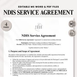 Peut inclure: Un document blanc intitulé "NDIS SERVICE AGREEMENT" avec le texte "EDITABLE MS WORD & PDF FILES" en haut. Le document comprend des sections pour les détails du participant et du fournisseur, et une liste des objectifs de l'accord.