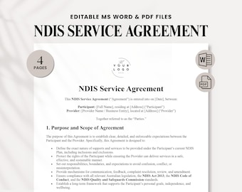 NDIS-Servicevereinbarung - Anpassbarer Vertrag für Teilnehmende und Dienstleister, Unterstützung bei Behinderung, bearbeitbares WORD & PDF - Sofortdownload