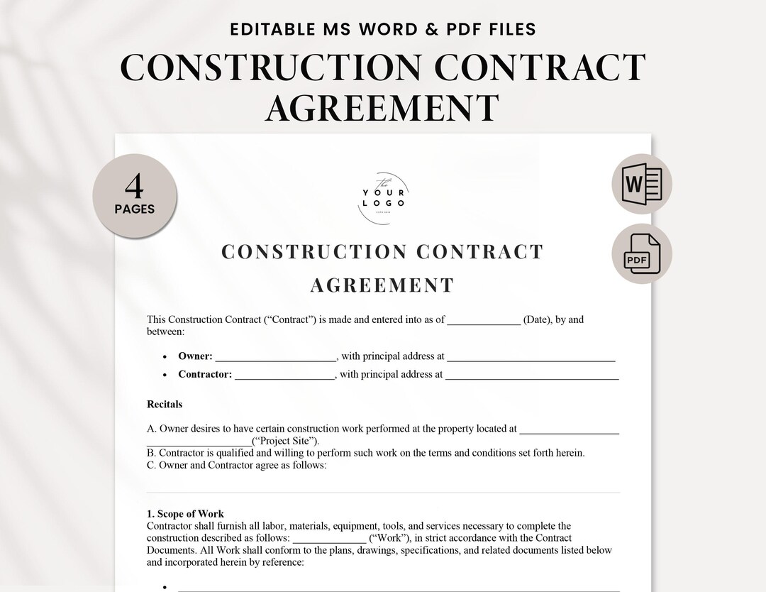 Professional Construction Contract Template - Detailed Builder ...