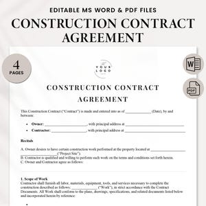 Professional Construction Contract Template - Detailed Builder Agreement - Editable Contractor Form - General Construction PDF & Word