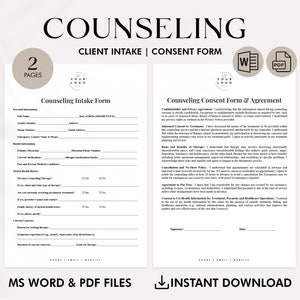 Counseling Intake Form - Printable Therapy Consent Forms - Therapist Client Agreement - Mental Health Assessment Tool - Editable Word & PDF