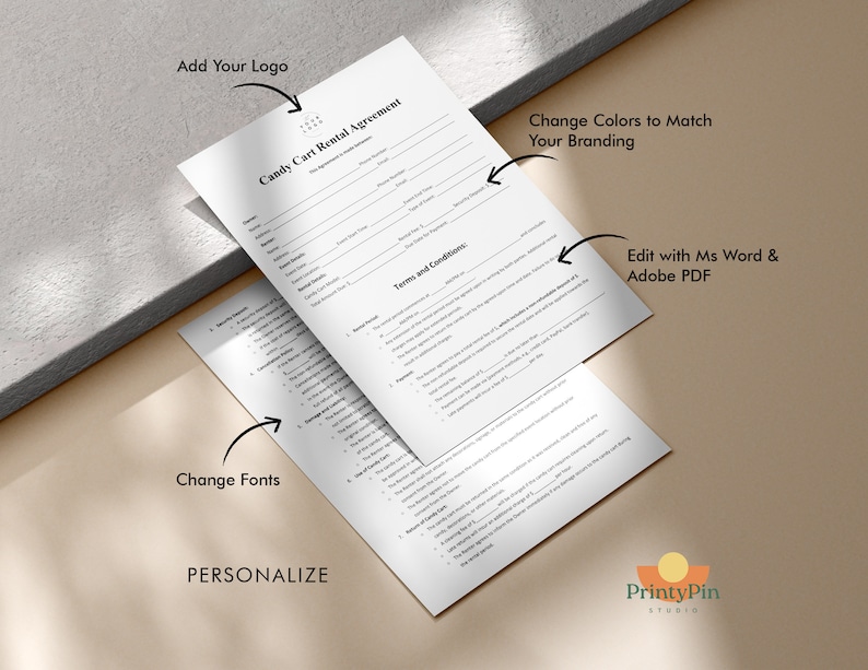 May include: A customizable Candy Cart Rental Agreement template with editable text fields. The agreement includes terms and conditions for renting a candy cart. The template can be edited with Microsoft Word or Adobe PDF.