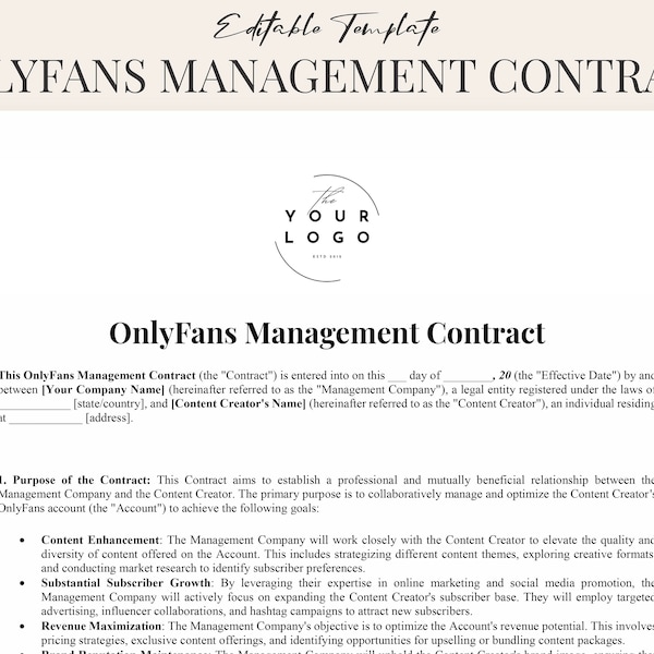 Plantilla de contrato de gestión de Onlyfans / Acuerdo de creador de contenido / Contrato detallado y totalmente personalizable para influencers
