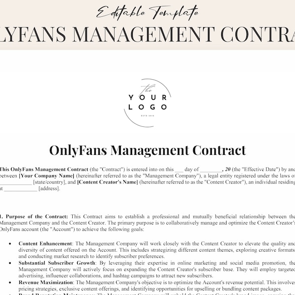 OnlyFans Management Contract Template | Content Creator Agreement | Fully Customizable & Detailed Contract for Influencers