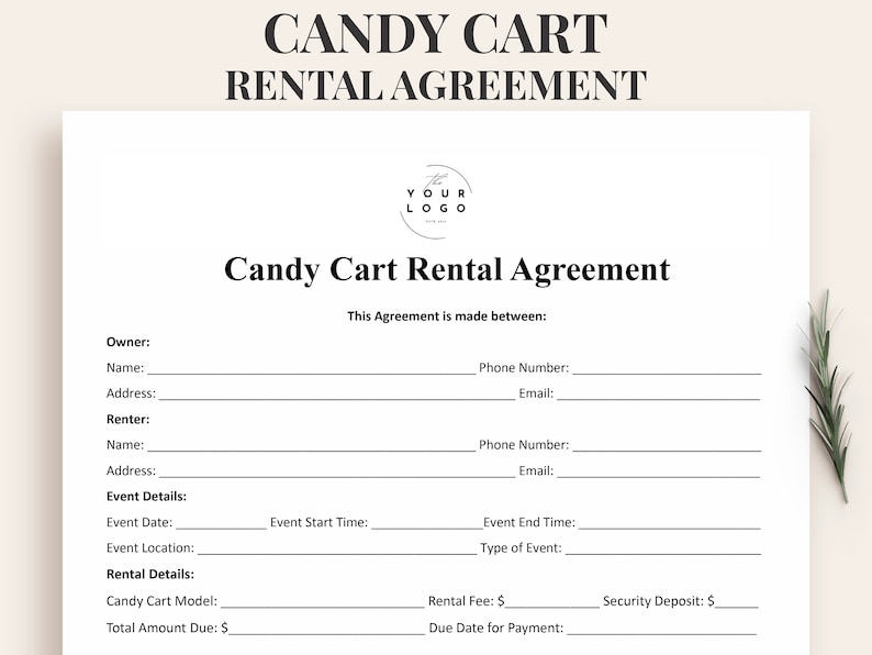 May include: A black and white printable Candy Cart Rental Agreement form with a placeholder for a logo. The form includes sections for the owner and renter's name, address, phone number, and email. It also includes sections for event details, rental details, and payment information.