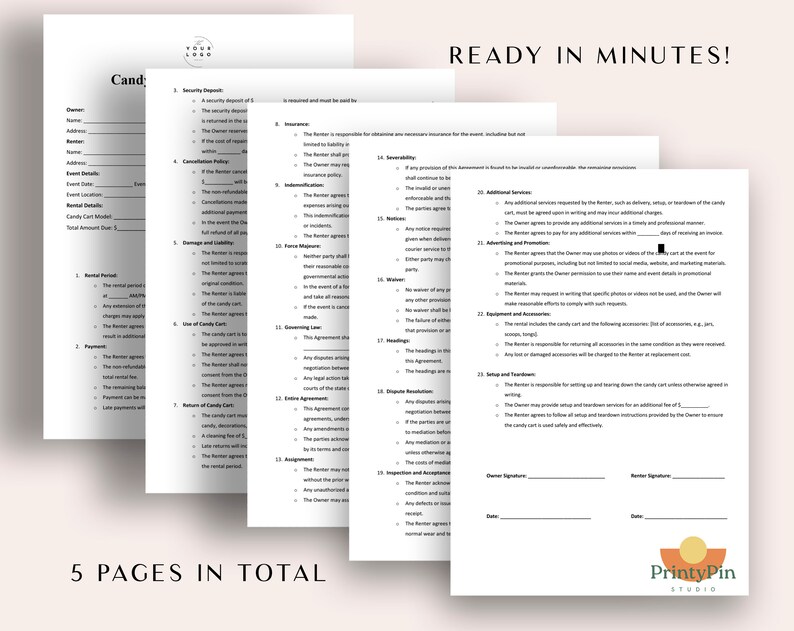 May include: A five-page contract for renting a candy cart. The contract includes sections for security deposit, insurance, damage and liability, use of candy cart, return of candy cart, extra agreements, assignment, governing law, dispute resolution, inspection and condition, additional services, advertising and promotion, equipment and accessories, setup and tear down, and signatures for the owner and renter.