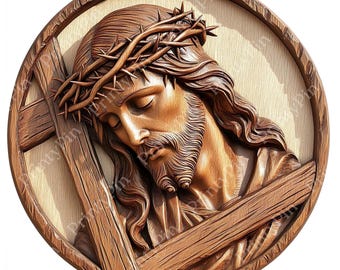 May include: A wooden carving of Jesus Christ wearing a crown of thorns, looking down with his eyes closed. He is holding a wooden cross.