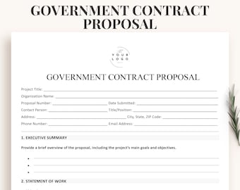 May include: A black and white government contract proposal template with the title "Government Contract Proposal" at the top. The template includes sections for project title, organisation name, proposal number, contact person, address, phone number, date submitted, title/position, city, state, postcode, email address, executive summary, and statement of work.