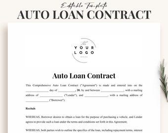 Modèle de contrat de prêt auto - Modèle complet de plan de financement automobile - Accord de paiement de voiture personnalisable pour les particuliers et les ventes aux concessionnaires
