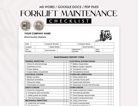 Electric Forklift Inspection Checklist Template - Forklift Repair Service Maintenance Form - Editable Word & Google Docs - Printable PDF