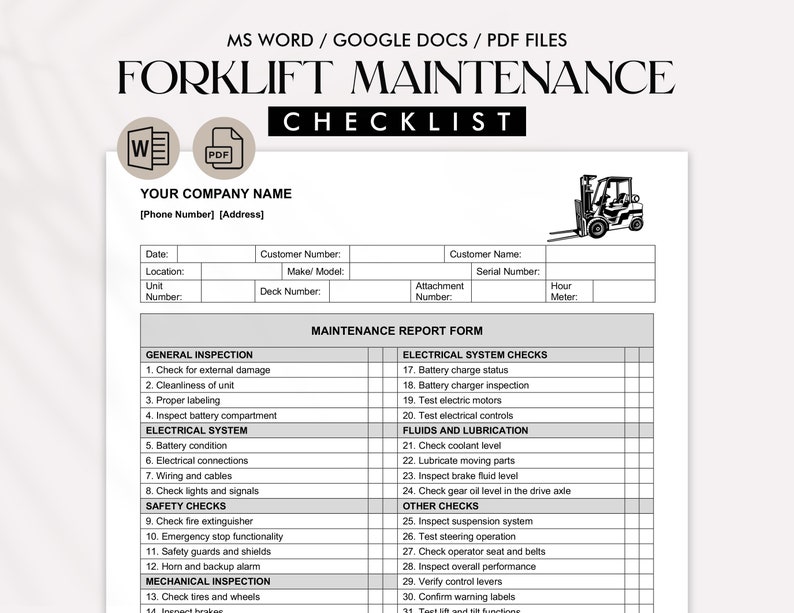 May include: A black and white checklist form for forklift maintenance. The form includes sections for general inspection, electrical system checks, fluids and lubrication, safety checks, mechanical inspection, and other checks. The form also includes fields for date, location, customer number, customer name, maker model, serial number, unit number, attachment number, deck number, hour meter.