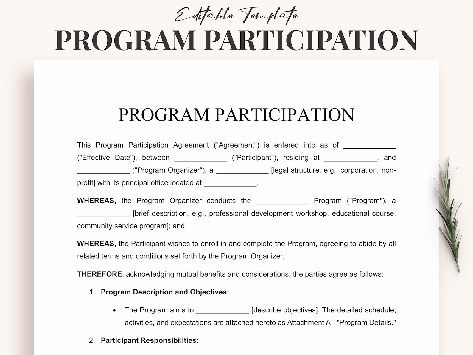 Program Participation Agreement Template - Instant Download, Editable ...