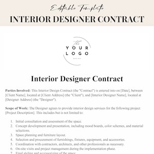 Professional Interior Design Contract Template PDF - Customizable Agreement for Designers & Clients - Instant Download - Word Document
