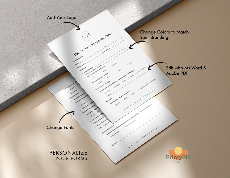 May include: A customizable hair stylist client intake form template with instructions to add a logo, change colors, fonts, and edit with Microsoft Word or Adobe PDF. The form includes sections for personal information, hair history, styling preferences, allergies, and services desired.