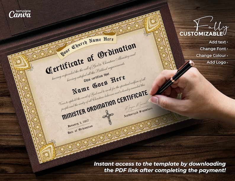 K&ouml;nnte beinhalten: Eine druckbare Ordinationsschein-Vorlage mit goldbraunem Rand. Der Text lautet "Ordinationsschein" und "Dies bescheinigt, dass Name Hier Steht". Das Datum der Ordination ist der 1. Januar 2027. Die Vorlage ist vollst&auml;ndig anpassbar.