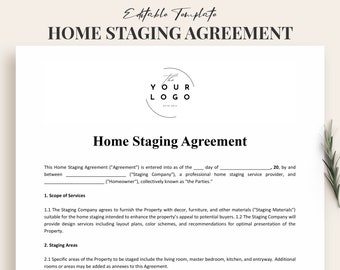 May include: A black and white home staging agreement template with the text "Home Staging Agreement" at the top. The template includes sections for scope of services and staging areas.